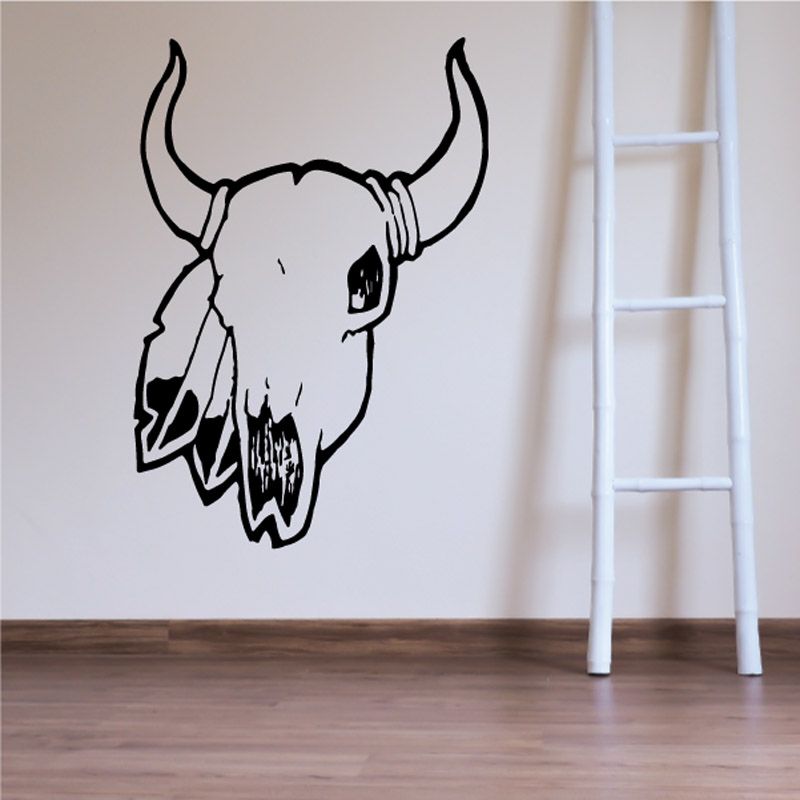 Cow skull wall decal with horns and feathers, black and white vinyl outline