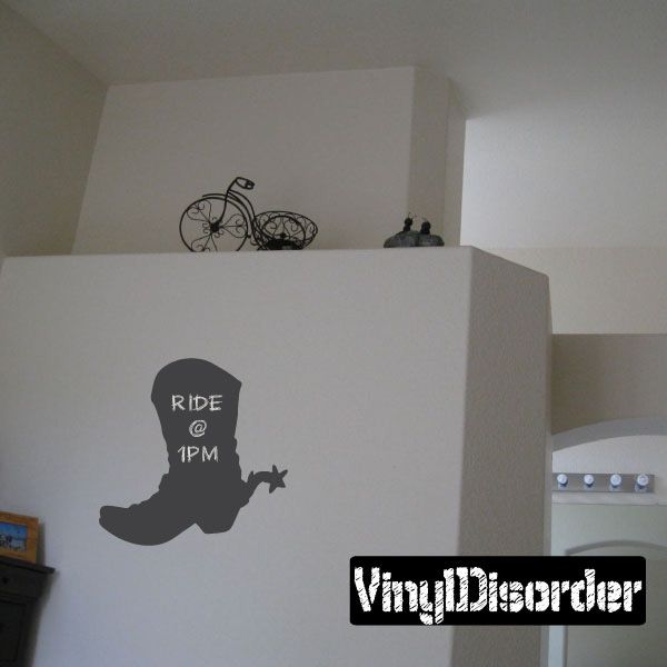 Cowboy boot chalkboard decal: black boot silhouette with “RIDE @ 1PM” text