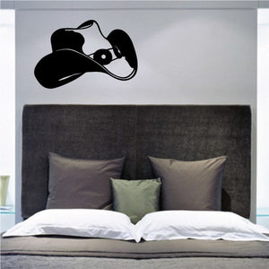 Cowboy hat wall decal vinyl sticker in black with white face and eye details