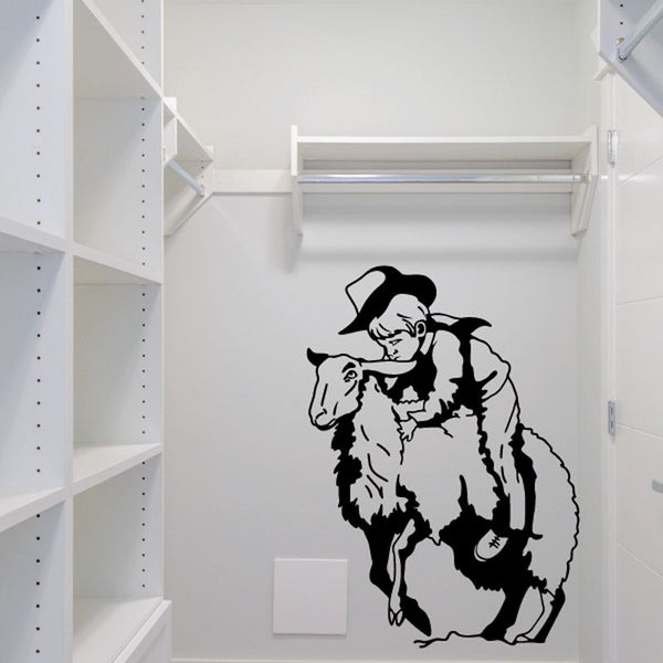 Cowboy kids vinyl wall decal, black cowboy riding a horse silhouette