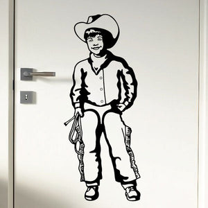 Black cowboy kid wall decal with hat, boots, and lasso rope