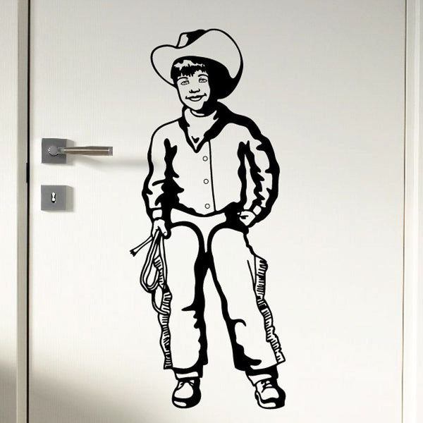 Black cowboy kid wall decal with hat, boots, and lasso rope