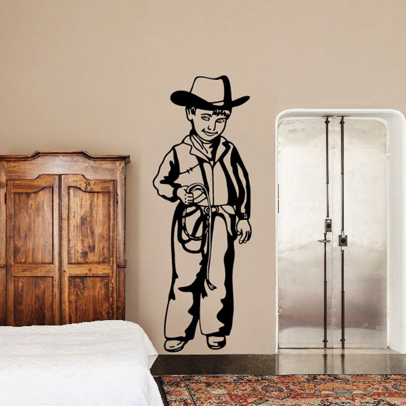 Cowboy kid wall decal: black cowboy with hat, coat, and boots