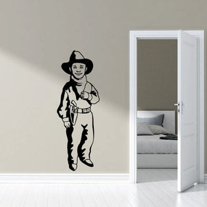 Kids cowboy vinyl wall decal, black silhouette of a standing cowboy boy