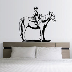Kids cowboy wall decal with horse silhouette, black vinyl outline