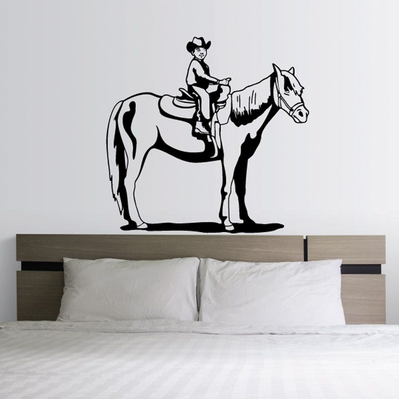 Kids cowboy wall decal with horse silhouette, black vinyl outline