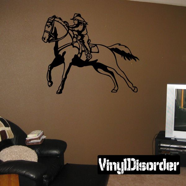 Cowboy riding horse vinyl wall decal, black silhouette