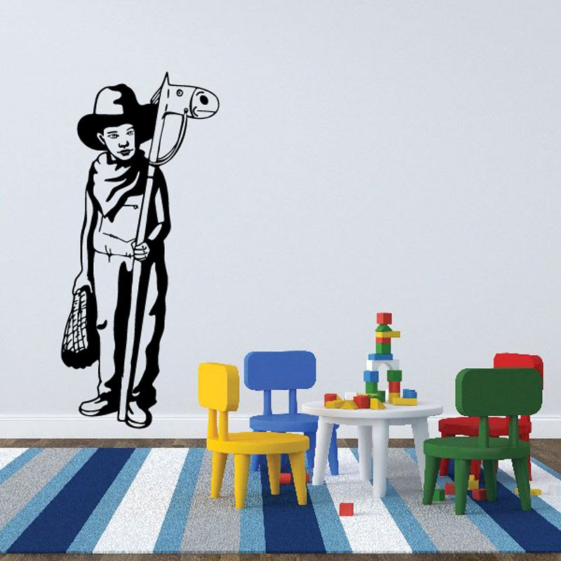 Cowboy kid vinyl wall decal, black and white outline of boy holding a rope lasso