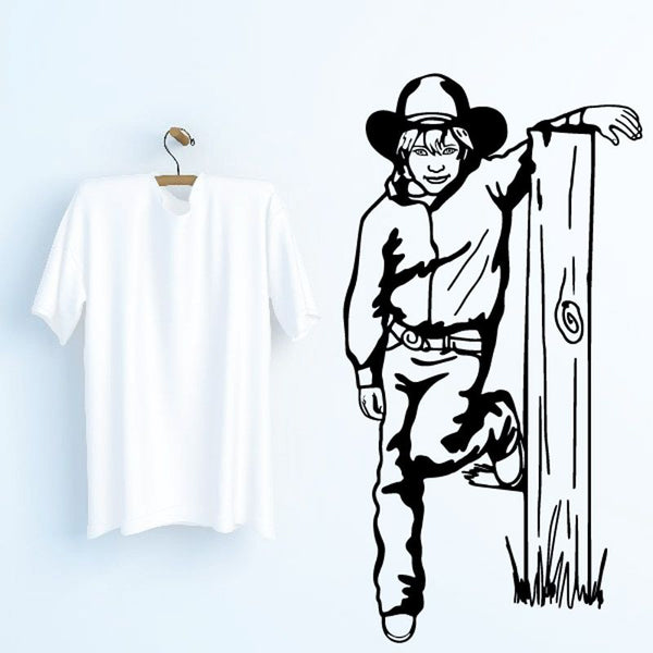 Kids cowboy wall decal: black vinyl outline of a cowboy holding a rope