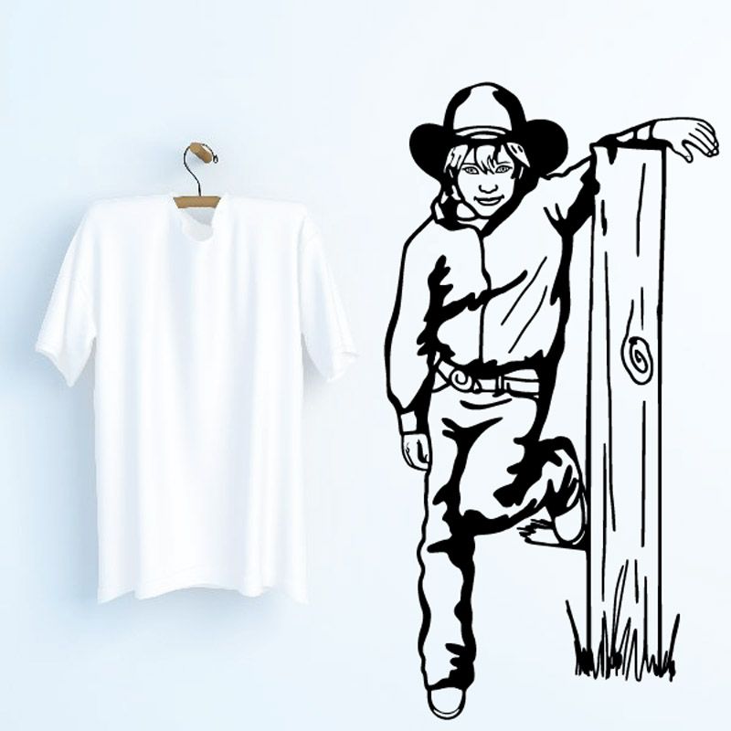 Kids cowboy wall decal: black vinyl outline of a cowboy holding a rope
