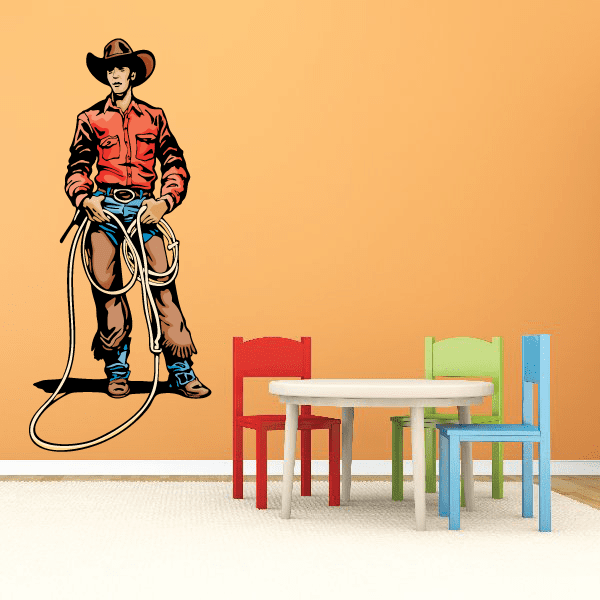 Cowboy holding lasso sticker, red shirt and black hat