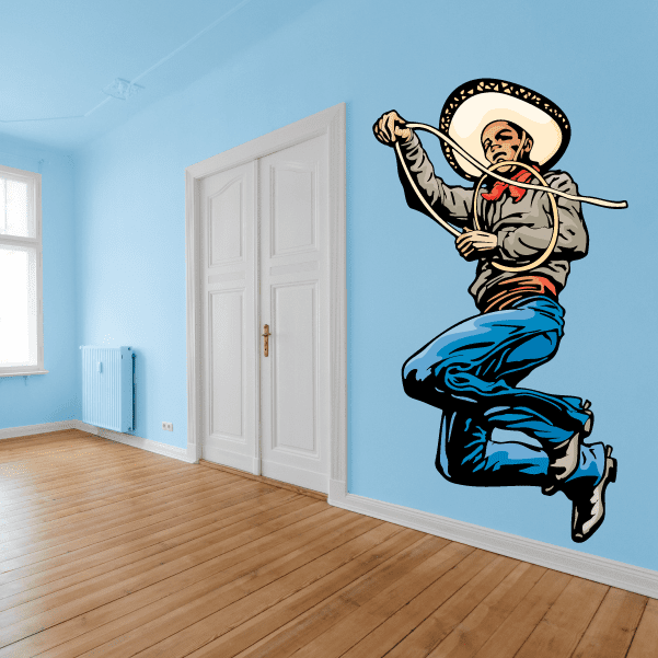 Cowboy leaping sticker with sombrero and lasso rope