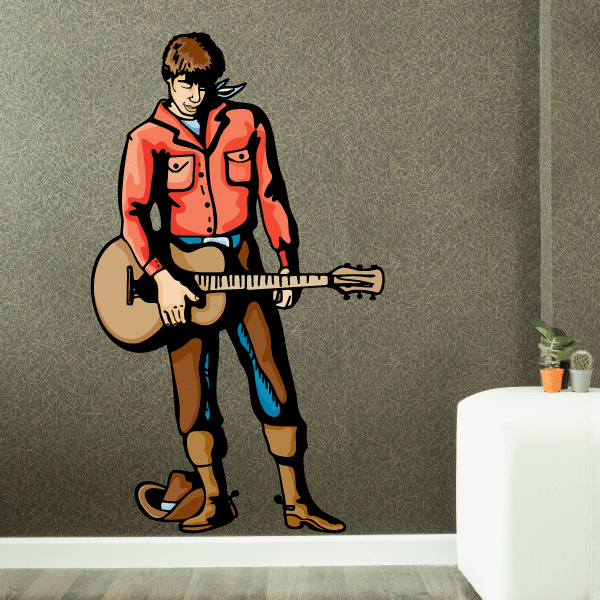 Cowboy playing guitar sticker with red shirt, boots, brown guitar
