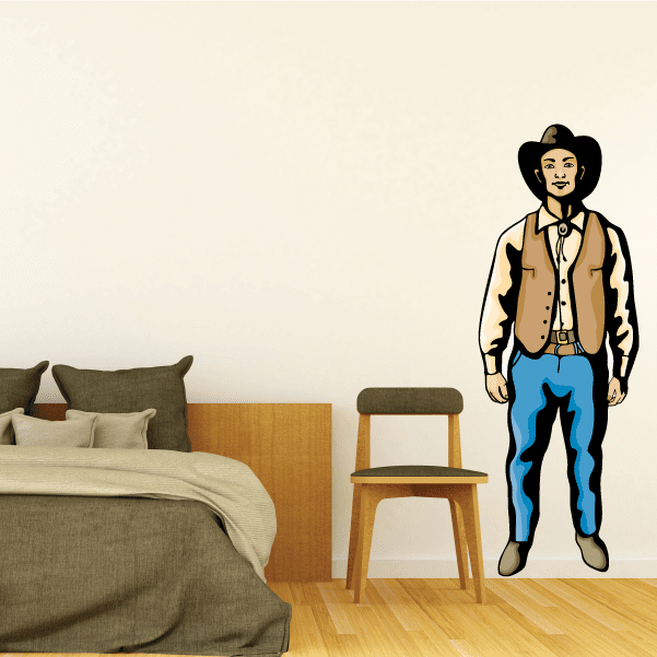 Cream cowboy vest sticker with hat and blue jeans, full-body
