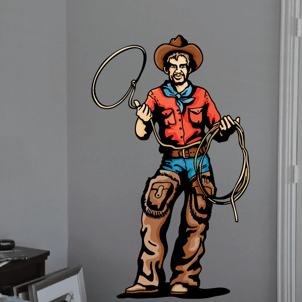 Cowboy rope-swinging sticker with red shirt, brown hat, and blue scarf