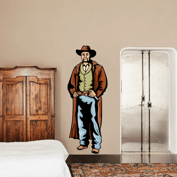 Cowboy sticker figure wearing a brown coat, white shirt, and blue jeans; hands at belt