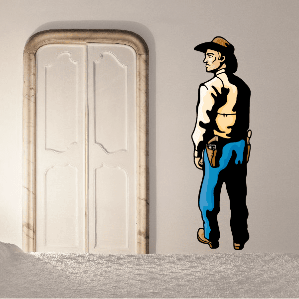 Cowboy sticker: man in black hat, yellow shirt, blue pants, looking back