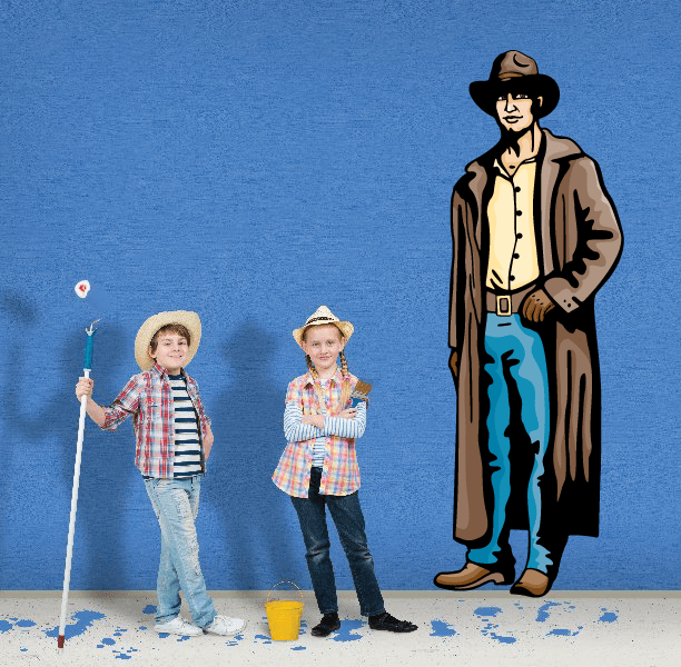 Cowboy sticker with black hat, brown jacket, beige shirt, boots