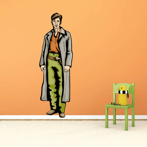 Cowboy sticker with gray duster coat and green trousers, standing beside chair