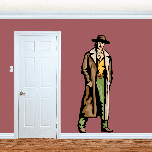 Brown cowboy duster sticker with yellow scarf and green pants
