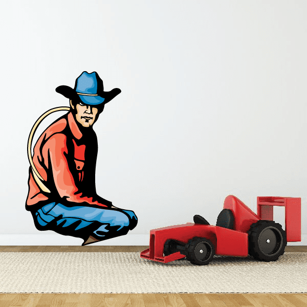 Seated cowboy sticker with blue hat and red shirt, black boots, holding reins