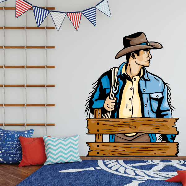 Cowboy in blue jacket and hat sticker with wooden rail backdrop