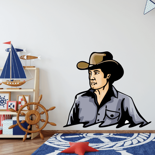 Cowboy portrait sticker with gray shirt, black hat, and brown mustache