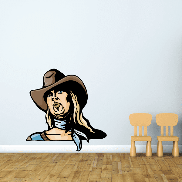 Cowboy portrait sticker of long-haired bearded man in black hat and light bandana