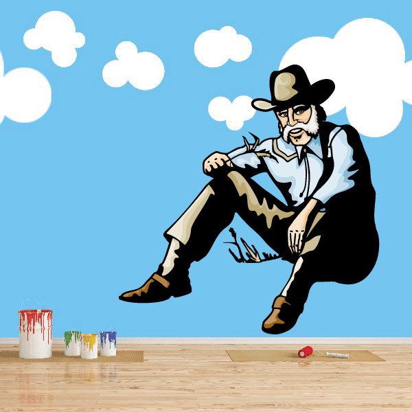 Seated cowboy character sticker, pale shirt and black coat, wide-brim hat.