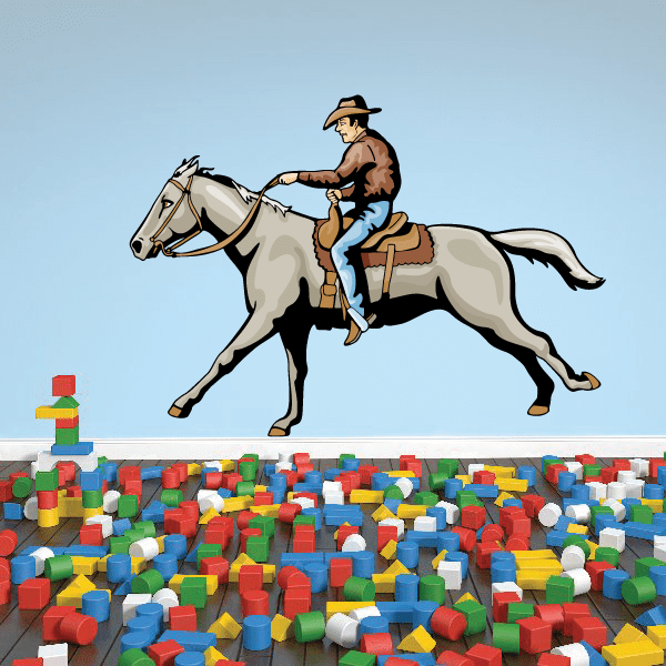 Cowboy in a brown shirt riding a gray horse sticker
