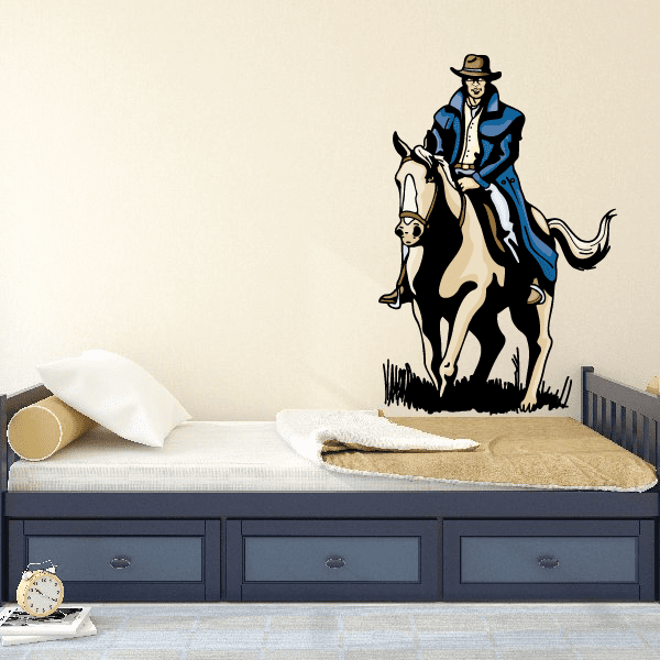 Cowboy on white horse sticker, blue jacket and hat illustration