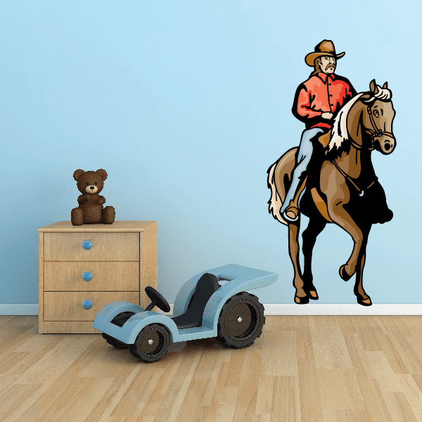 Cowboy on brown horse sticker with red shirt