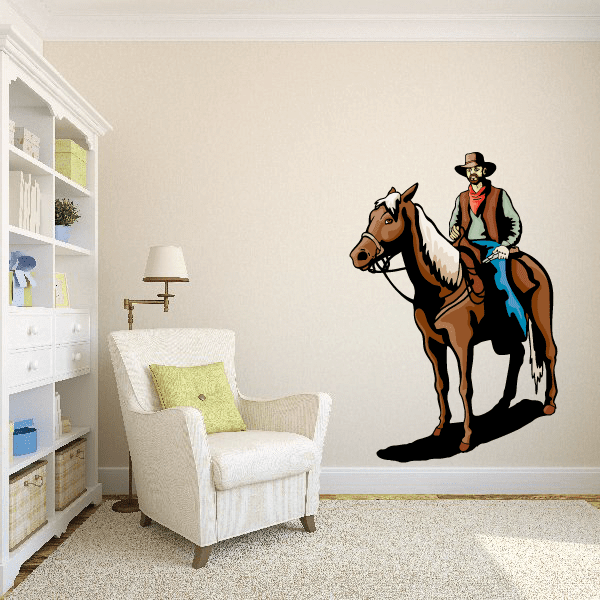 Cowboy sticker with red vest riding chestnut horse, outlined western illustration