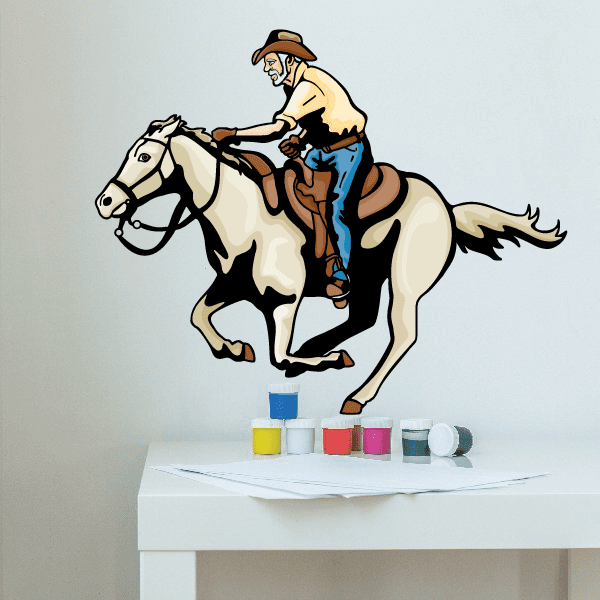 Cowboy galloping on white horse sticker, tan hat and blue shirt illustration