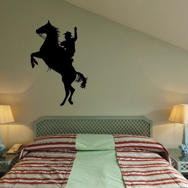 Cowboy on horse vinyl wall decal, black silhouette