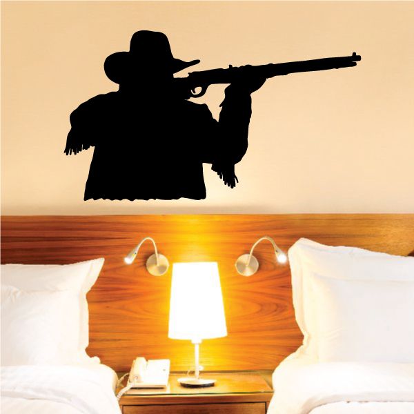 Black cowboy silhouette wall decal with hat and rifle, vinyl