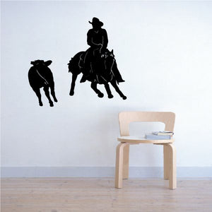 Black cowboy silhouette wall decal with horse and smaller steer