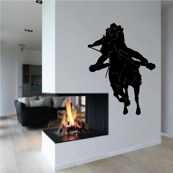 Cowboy wall decal in black vinyl, cowboy silhouette riding a horse