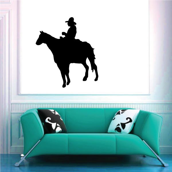 Cowboy on horseback vinyl wall decal, black silhouette