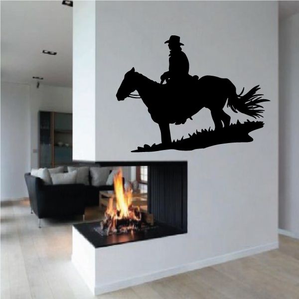 Black vinyl cowboy riding horse wall decal silhouette
