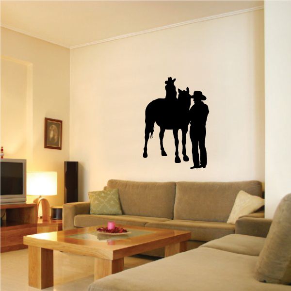 Cowboy wall decal vinyl silhouette of rider on horseback with second rider beside