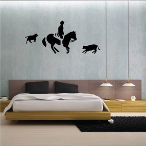 Cowboy wall decal with black silhouette cowboy on horseback and dog
