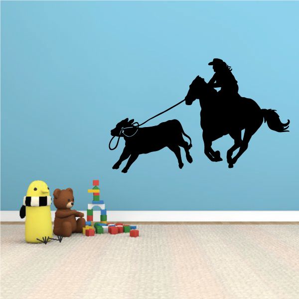 Cowboy on horseback vinyl wall decal in dark silhouette, holding a lasso rope