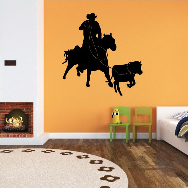 Cowboy wall decal vinyl: black cowboy on horseback with small animal silhouette