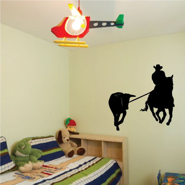 Black cowboy riding horse wall decal with lasso, vinyl sticker silhouette