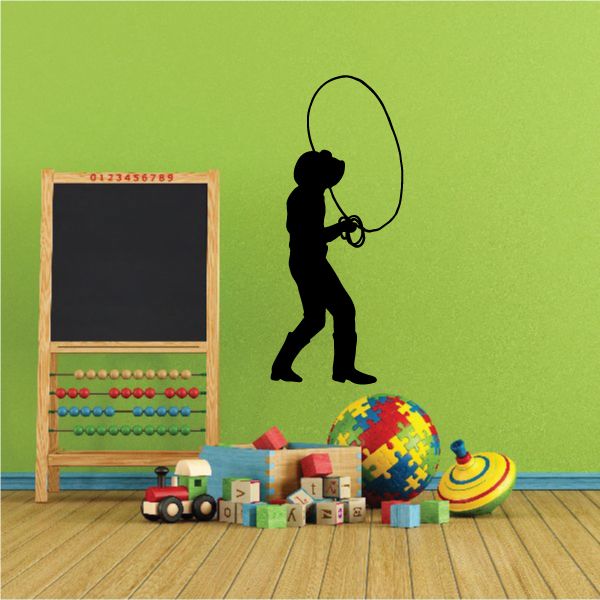 Cowboy vinyl wall decal: black cowboy silhouette with lasso loop