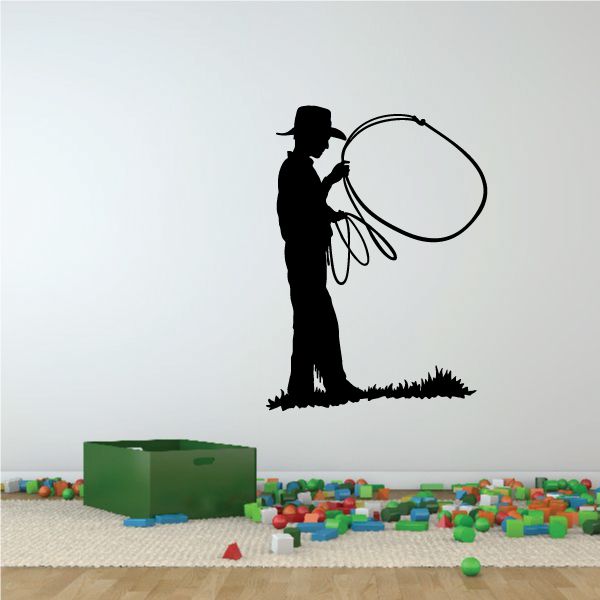 Cowboy wall decal, black silhouette holding lasso loop rope