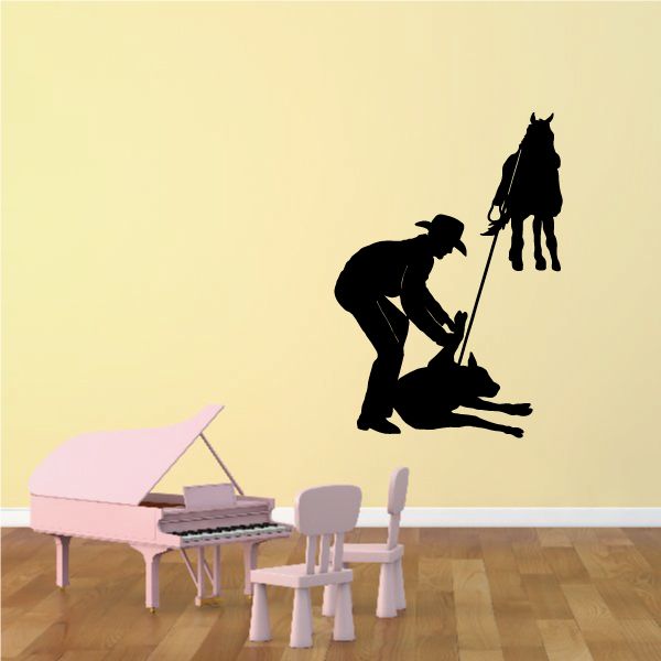 Cowboy wall decal vinyl: two black cowboy silhouettes, one kneeling with lasso