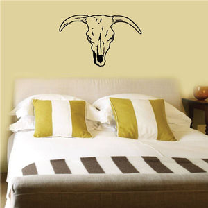 Cowboy bull skull wall vinyl decal, black outline on light wall