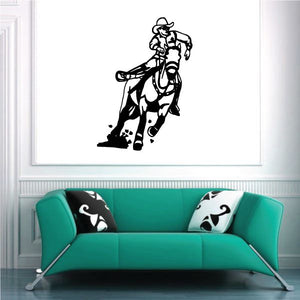 Black cowboy on horseback vinyl wall decal, large